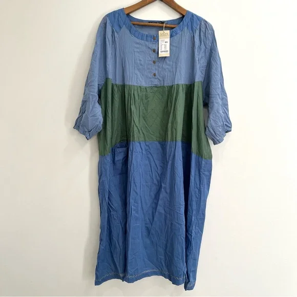 Gudrun Sjõdén 100% Cotton Green Blue Kaftan-Style ¾-Sleeve Maxi Crinkle Dress XL - Picture 1 of 12